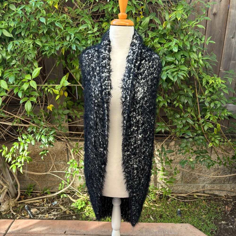 NWOT Chico's Black White Fuzzy Marled Yarn Open Front Long Sweater Vest S